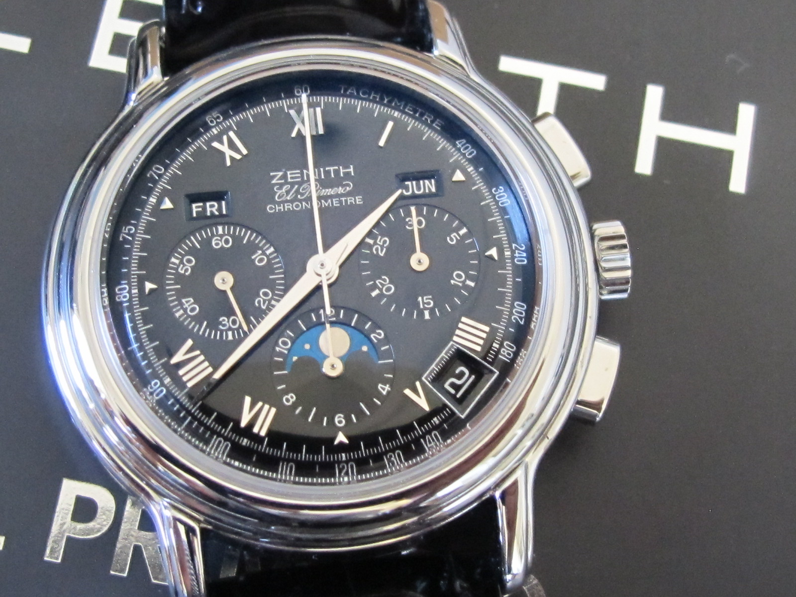 SOLD - Zenith El Primero Chronomaster Triple Calendar Moonphase – Black  Dial Complete Collector Set | Omega Forums