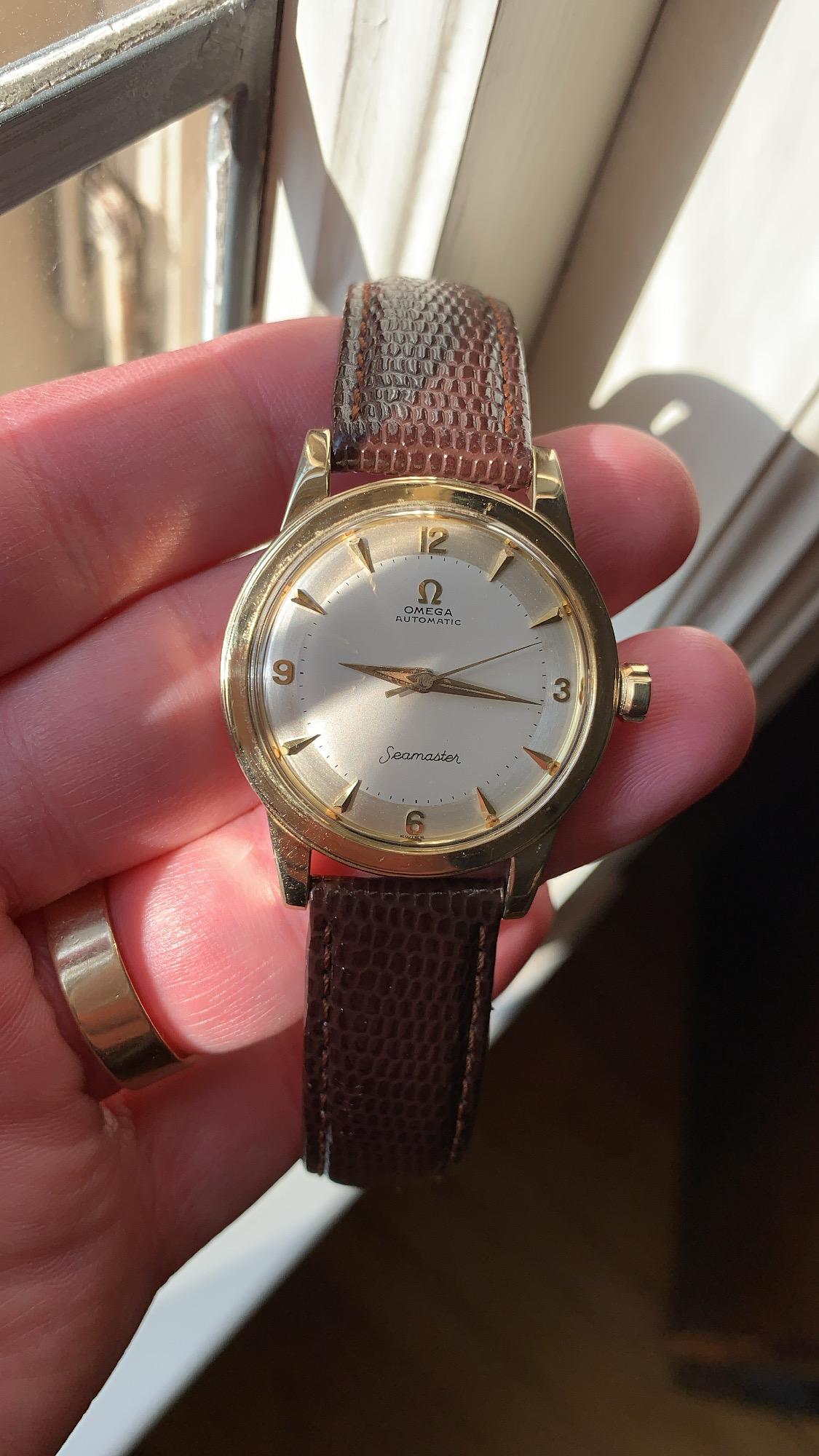 SOLD - 1958 Omega seamaster GX6250. GF BEEFY Lug. INCREDIBLE dial