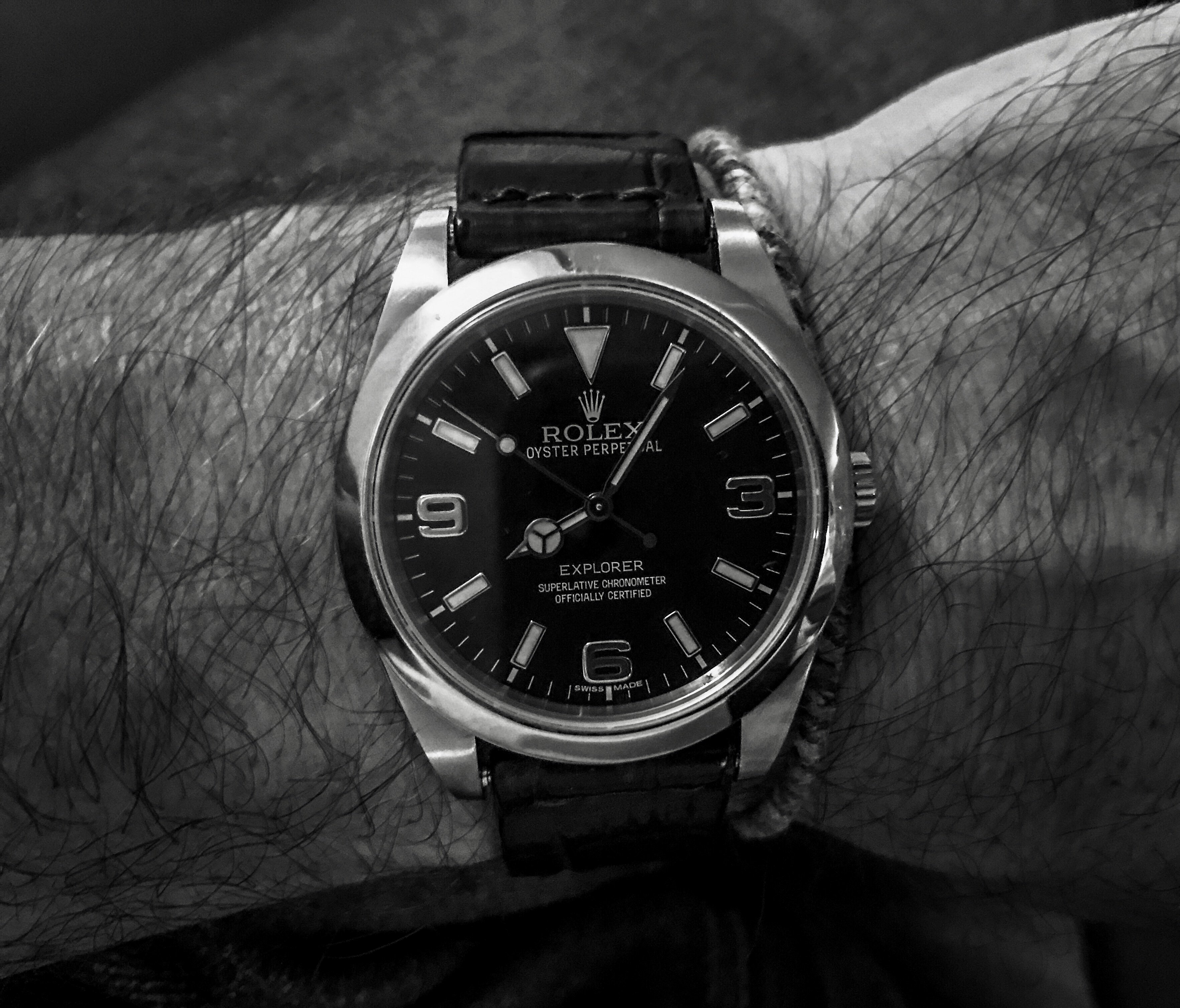 rolex explorer black leather strap