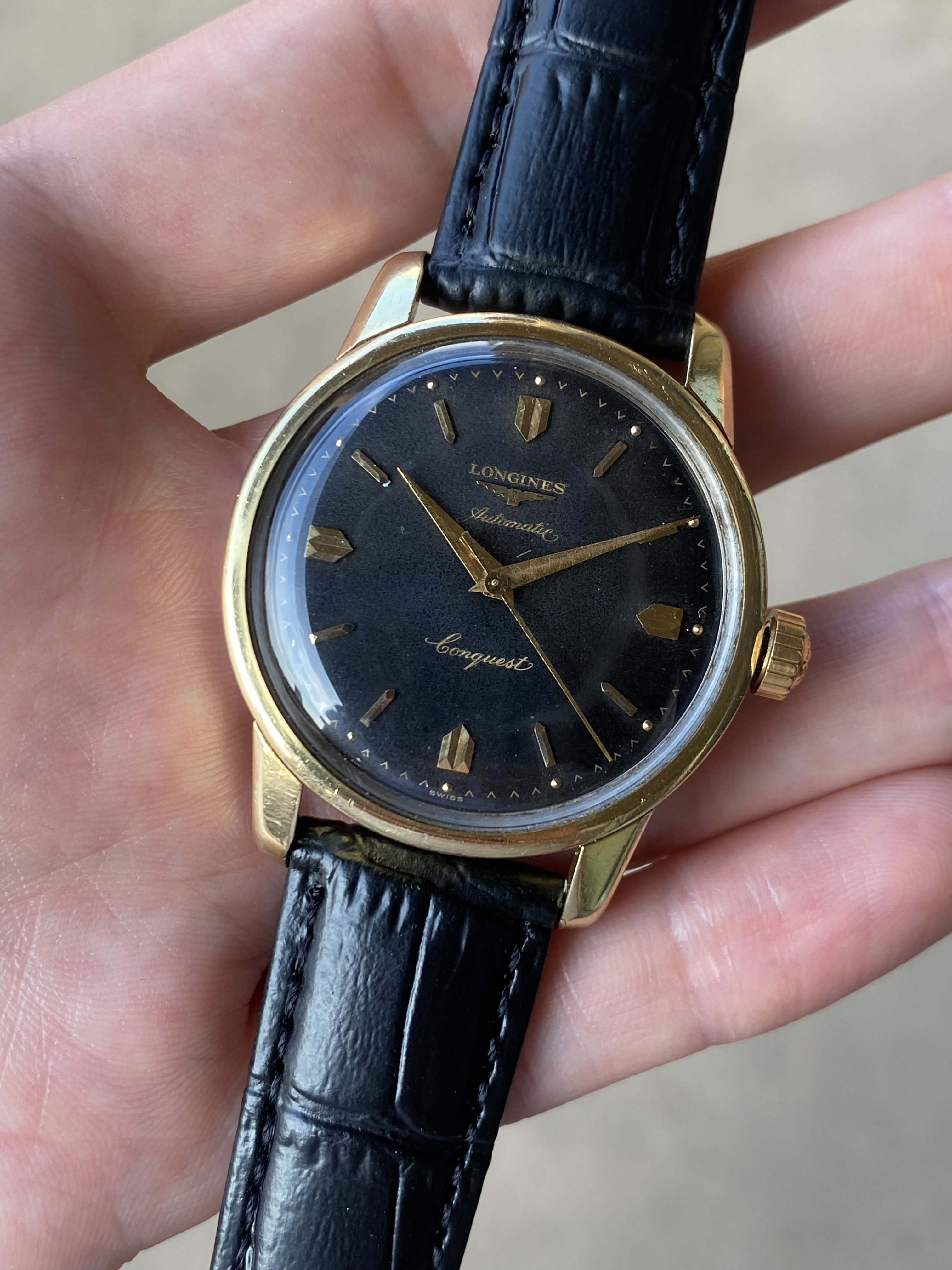 SOLD Further Reduced 1957 Black Gilt Dial Longines Conquest