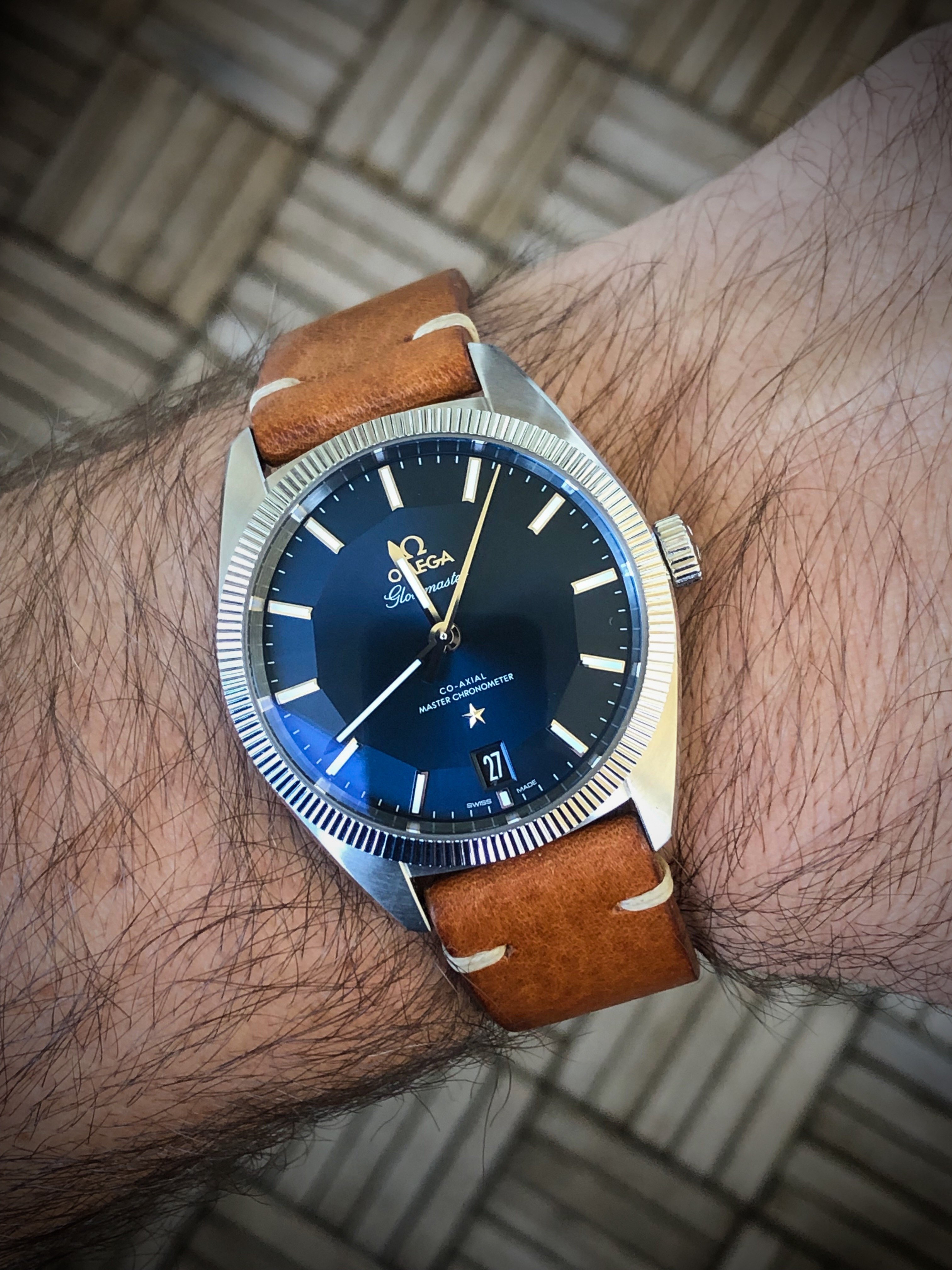 Omega aqua terra 2025 blue leather strap