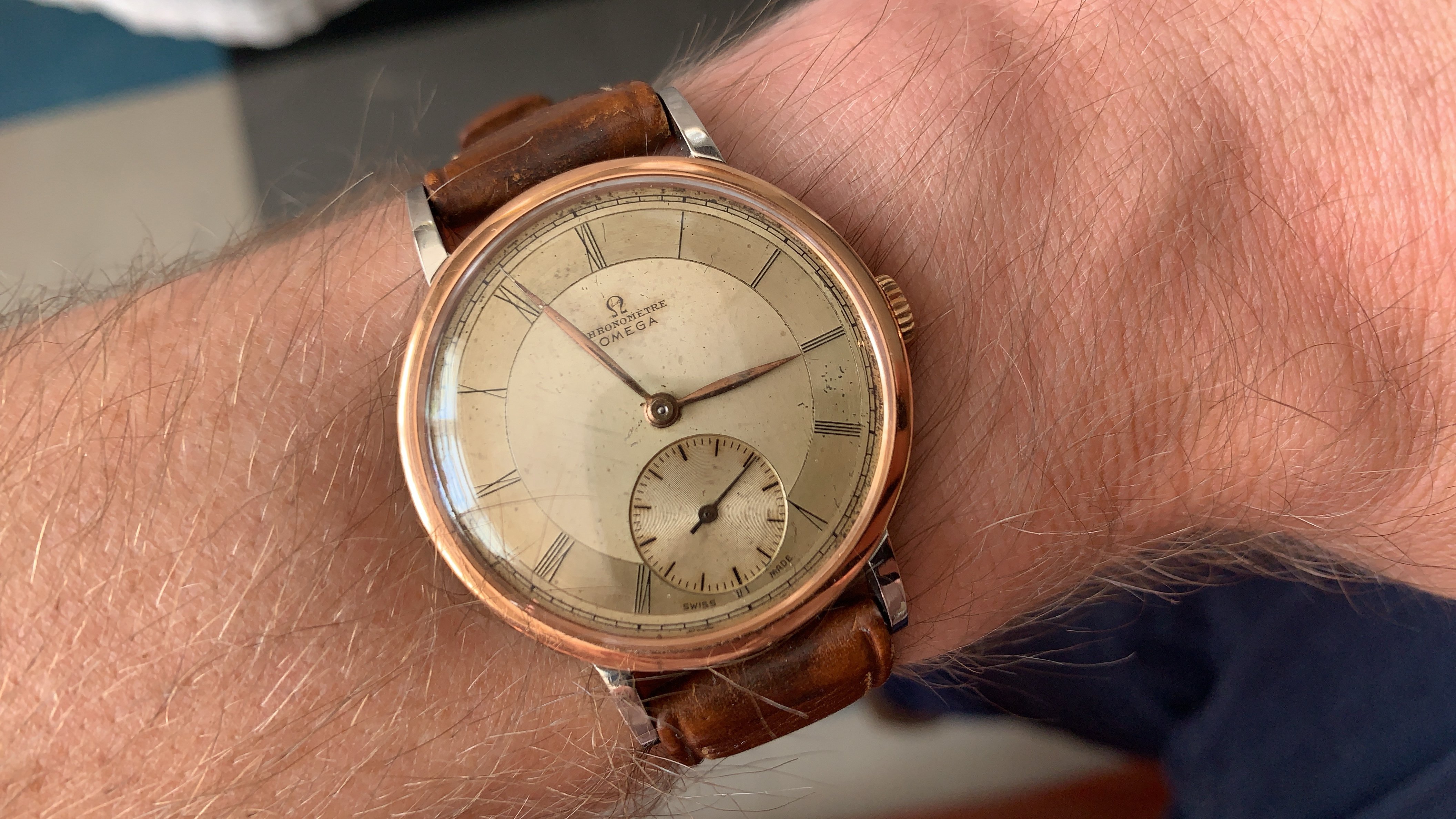 SOLD 1943 Omega 2366 jumbo Steel rose gold Chronometre 30T2 RG with two tone radial Roman numeral dial Omega Forums