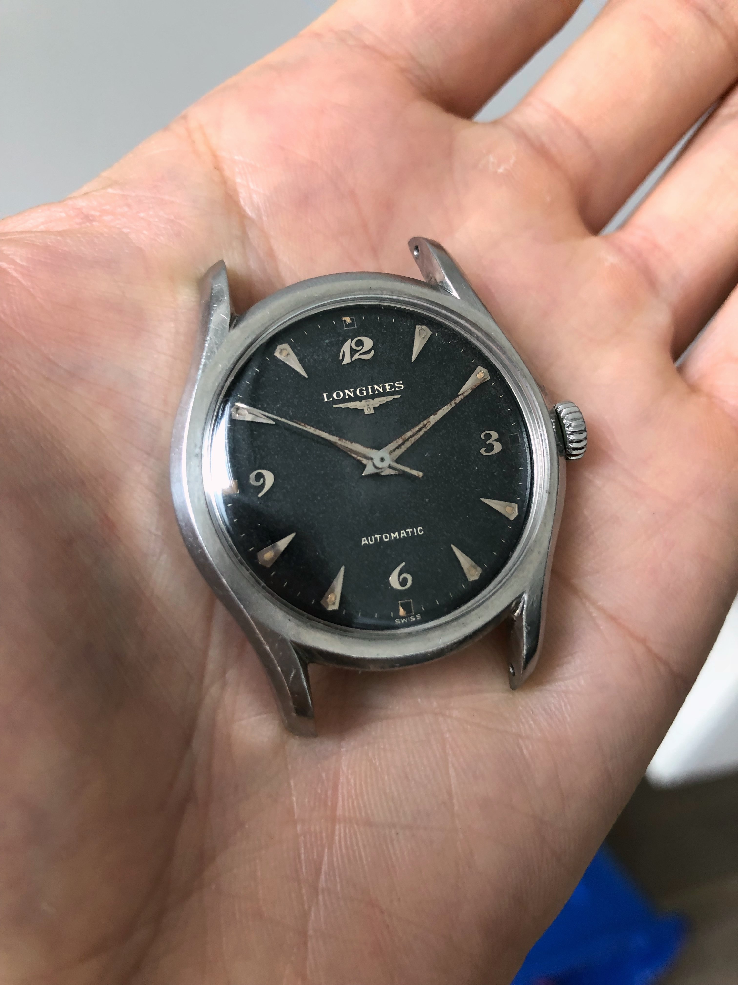 SOLD Longines ref 6536 black dial with Breguet numerals Omega