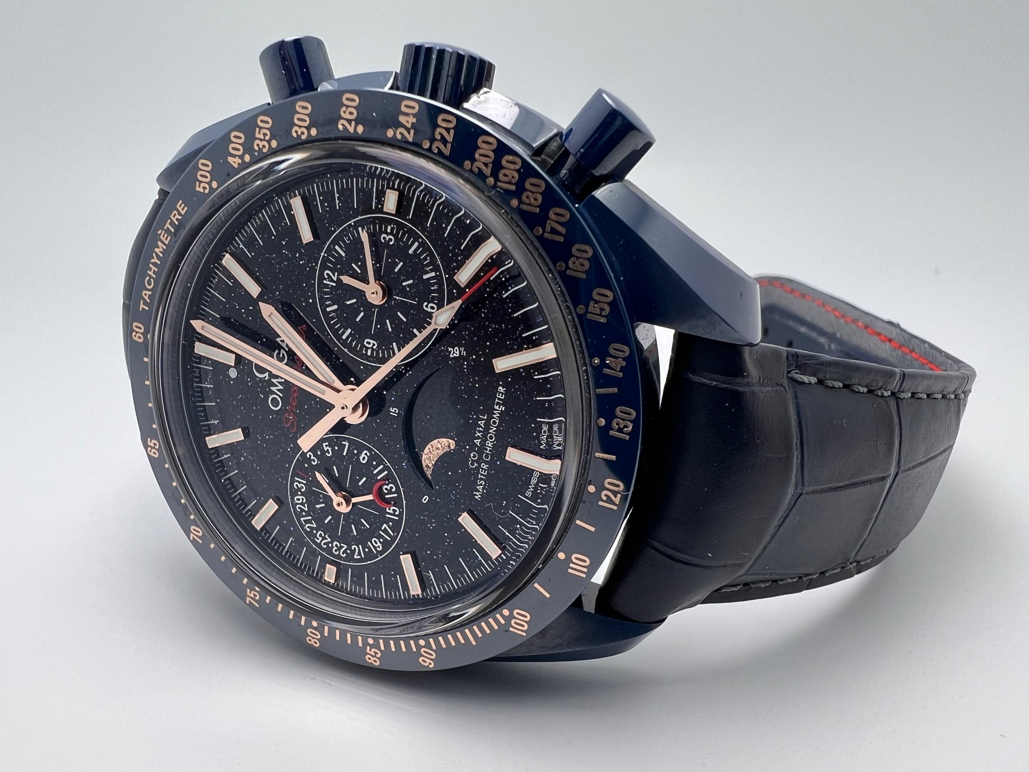 SOLD Omega Speedmaster Moonphase Co Axial Blue Side of the Moon