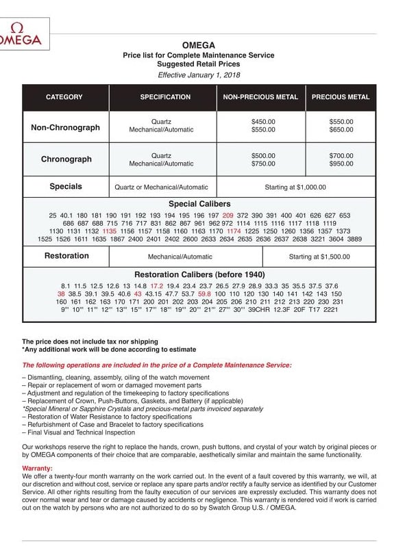 Omega service 2025 price list