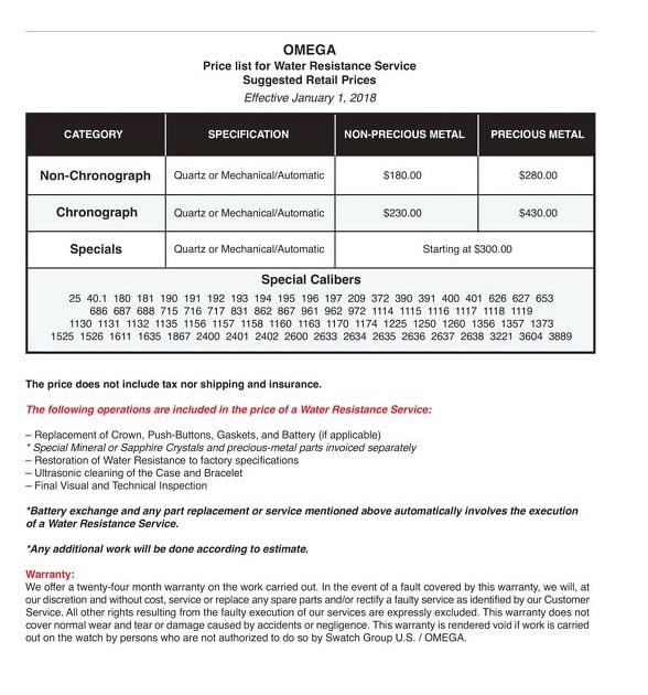 Omega service 2025 price list