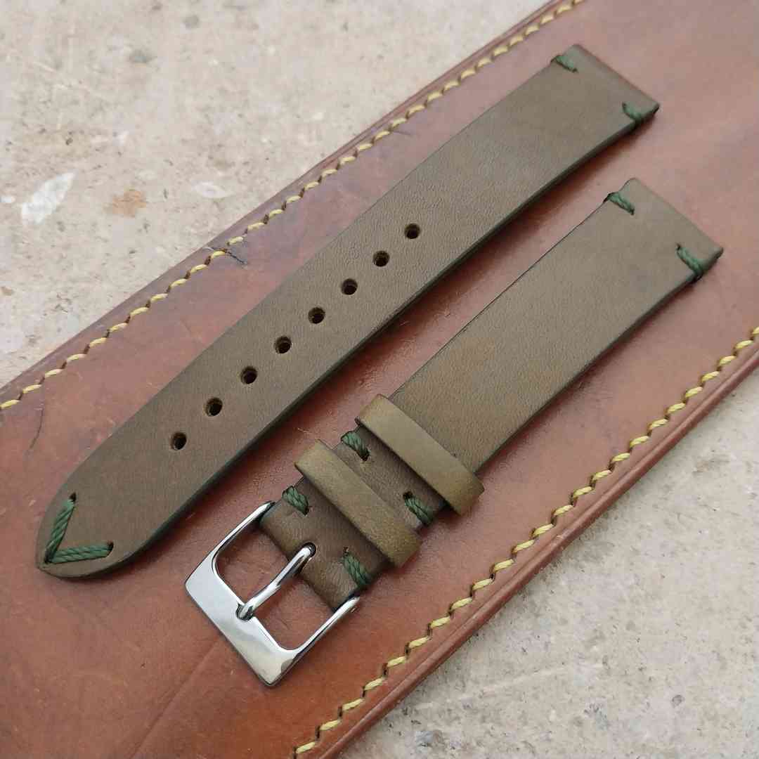 18mm Fleurus Army Green "Vintage" Leather Two-Stitch Straps 18/16