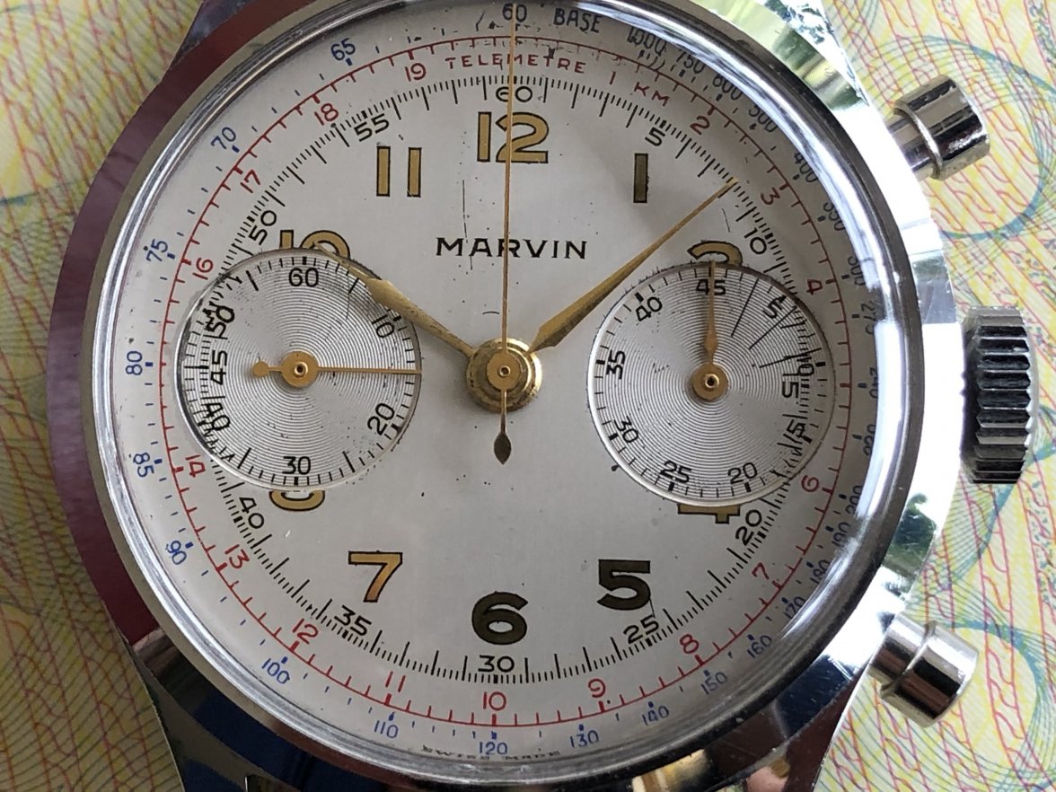SOLD Oversized Marvin Chronograph from the 50s with a decorated