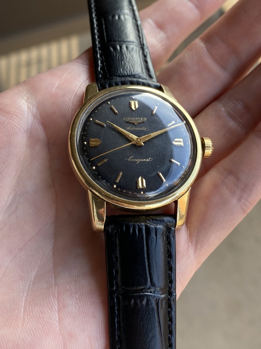 SOLD Further Reduced 1957 Black Gilt Dial Longines Conquest