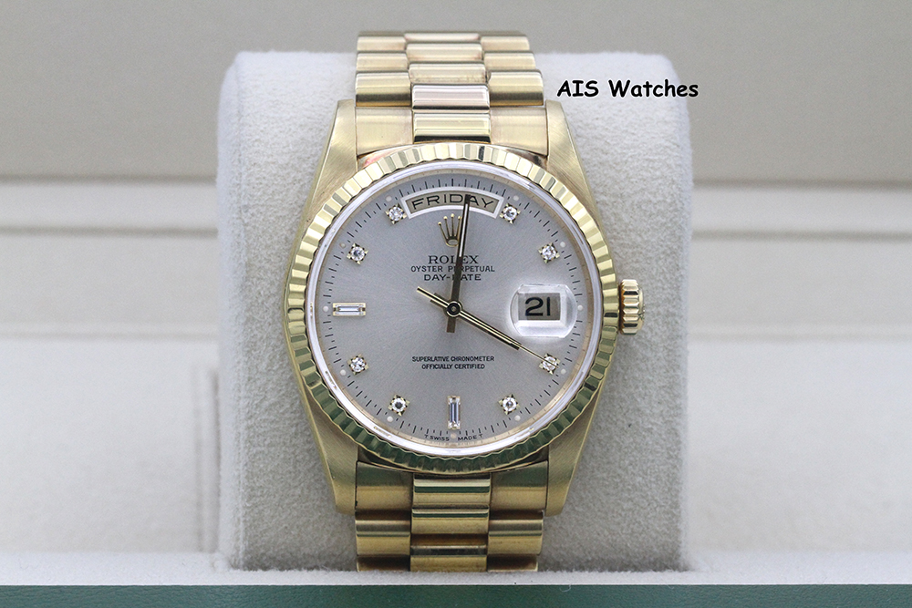 FSOT Rolex 18238 DayDate 36MM Yellow Gold Silver Diamond Dial S