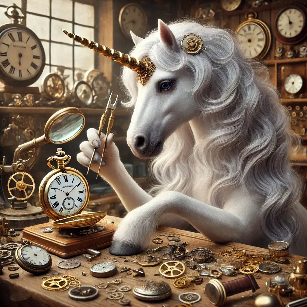 DALL·E 2025-03-03 19.51.33 - A majestic unicorn delicately mending a vintage pocket watch wit...webp