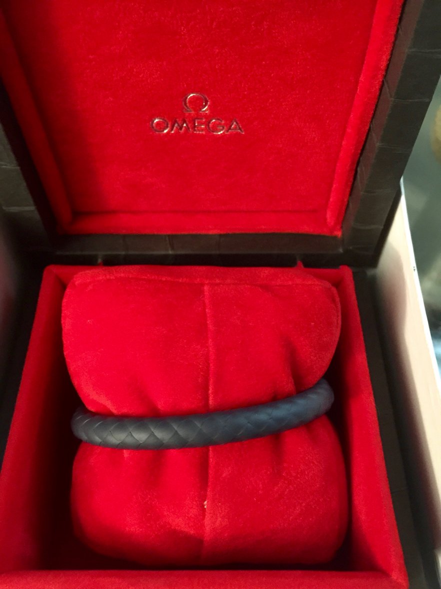 SOLD Omega Aqua Sailing Bracelets, Black Leather and Blue Rubber