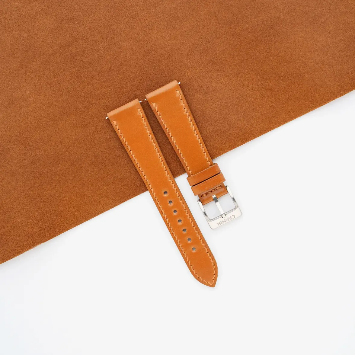 Cognac Shell Cordovan Leather Slim Watch Strap 2.webp