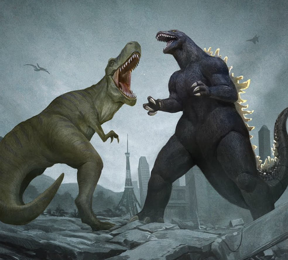 Включи потерянный динозавр. Годзилла и Тиранозавр. Тираннозавр Годзилла. Годзилла vs Тираннозавр. Годзилла рекс.