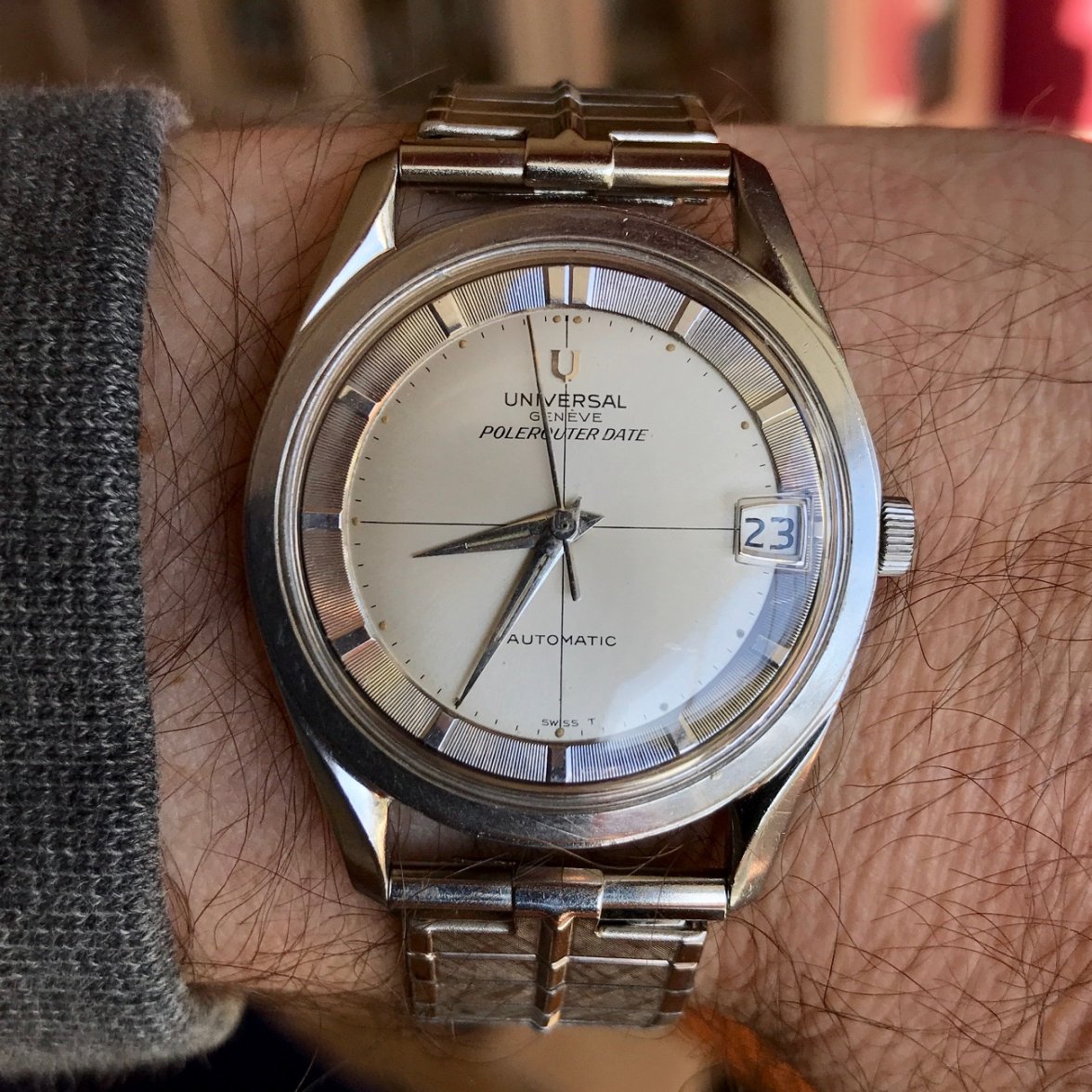 SOLD Universal Genève Polerouter Date, Steel w/Cream Dial, in