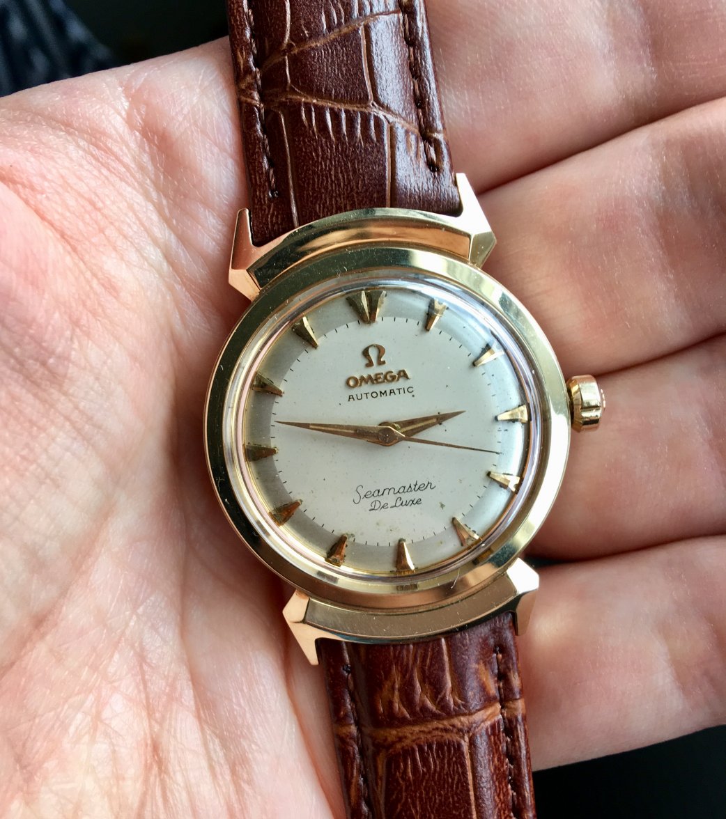 SOLD 1956/7 Omega Seamaster Deluxe Solid 14k Gold Rare Hooded
