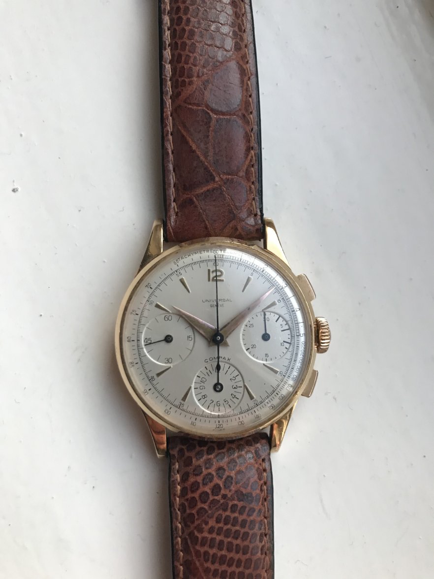 FS Universal Geneve Chrono; gold with interesting provenance Omega